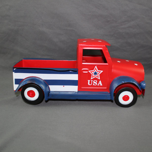 USA FLAG RED TRUCK 12" PICKUP TRUCK METAL ART FIGURINE VINTAGE GARDEN ART WESTERN HOME DECOR HANDMADE  #EH12865
