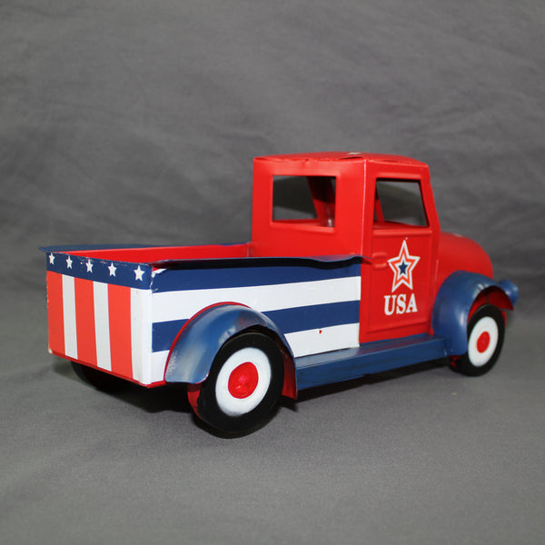 USA FLAG RED TRUCK 12" PICKUP TRUCK METAL ART FIGURINE VINTAGE GARDEN ART WESTERN HOME DECOR HANDMADE  #EH12865