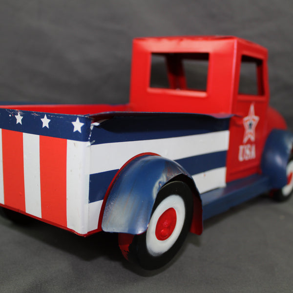 USA FLAG RED TRUCK 12" PICKUP TRUCK METAL ART FIGURINE VINTAGE GARDEN ART WESTERN HOME DECOR HANDMADE  #EH12865