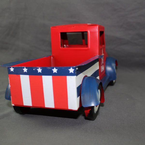 USA FLAG RED TRUCK 12" PICKUP TRUCK METAL ART FIGURINE VINTAGE GARDEN ART WESTERN HOME DECOR HANDMADE  #EH12865