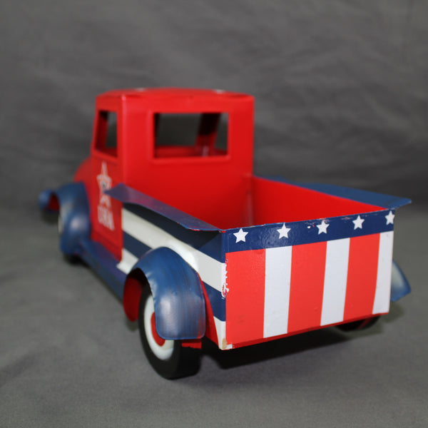 USA FLAG RED TRUCK 12" PICKUP TRUCK METAL ART FIGURINE VINTAGE GARDEN ART WESTERN HOME DECOR HANDMADE  #EH12865