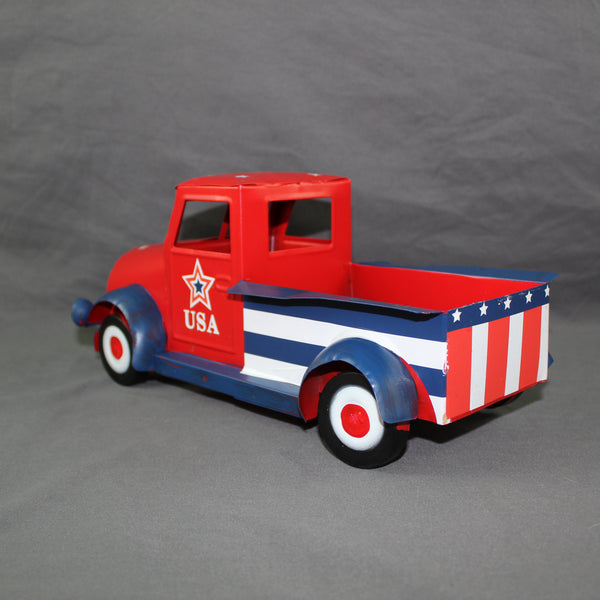 USA FLAG RED TRUCK 12" PICKUP TRUCK METAL ART FIGURINE VINTAGE GARDEN ART WESTERN HOME DECOR HANDMADE  #EH12865