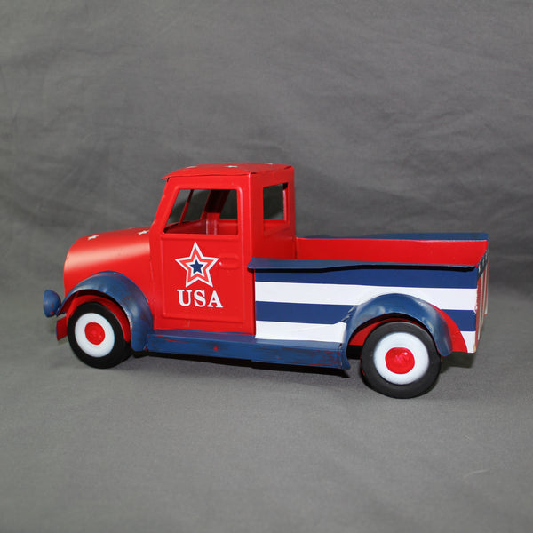 USA FLAG RED TRUCK 12" PICKUP TRUCK METAL ART FIGURINE VINTAGE GARDEN ART WESTERN HOME DECOR HANDMADE  #EH12865