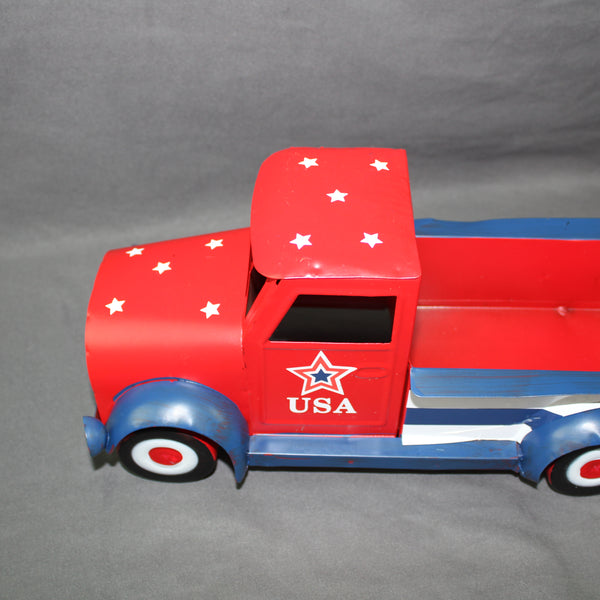 USA FLAG RED TRUCK 12" PICKUP TRUCK METAL ART FIGURINE VINTAGE GARDEN ART WESTERN HOME DECOR HANDMADE  #EH12865