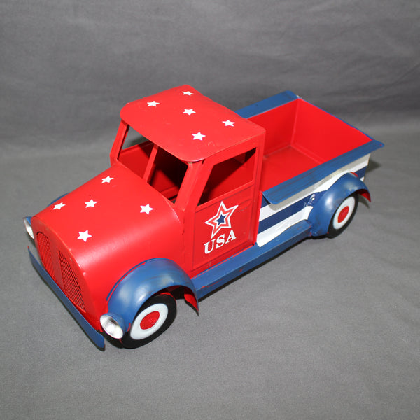 USA FLAG RED TRUCK 12" PICKUP TRUCK METAL ART FIGURINE VINTAGE GARDEN ART WESTERN HOME DECOR HANDMADE  #EH12865