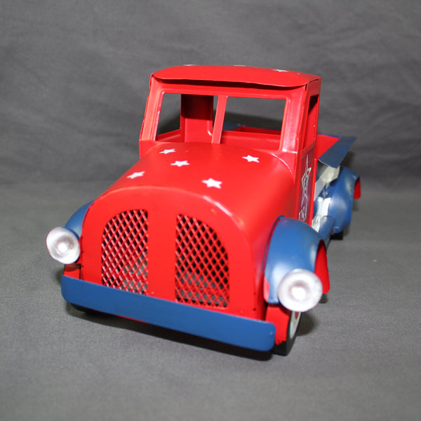 USA FLAG RED TRUCK 12" PICKUP TRUCK METAL ART FIGURINE VINTAGE GARDEN ART WESTERN HOME DECOR HANDMADE  #EH12865