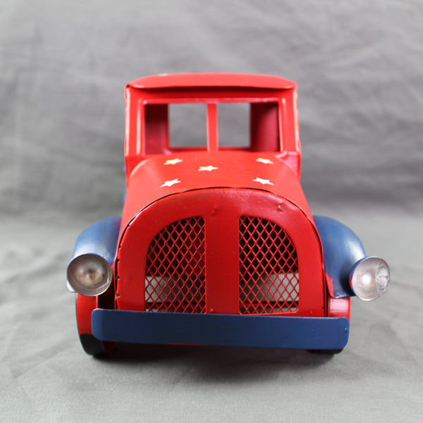 USA FLAG RED TRUCK 12" PICKUP TRUCK METAL ART FIGURINE VINTAGE GARDEN ART WESTERN HOME DECOR HANDMADE  #EH12865