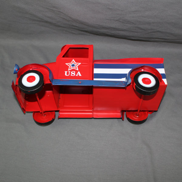 USA FLAG RED TRUCK 12" PICKUP TRUCK METAL ART FIGURINE VINTAGE GARDEN ART WESTERN HOME DECOR HANDMADE  #EH12865