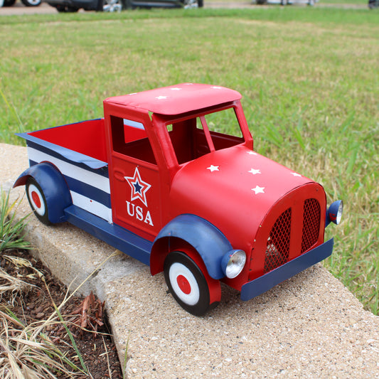 USA FLAG RED TRUCK 12" PICKUP TRUCK METAL ART FIGURINE VINTAGE GARDEN ART WESTERN HOME DECOR HANDMADE  #EH12865