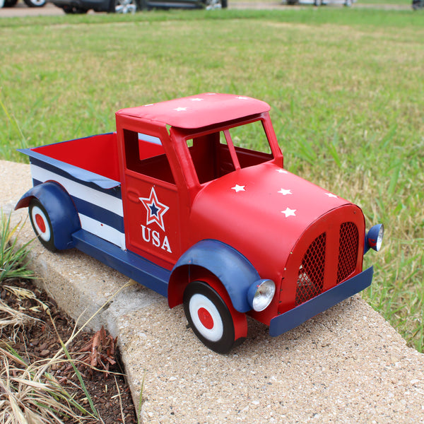 USA FLAG RED TRUCK 12" PICKUP TRUCK METAL ART FIGURINE VINTAGE GARDEN ART WESTERN HOME DECOR HANDMADE  #EH12865