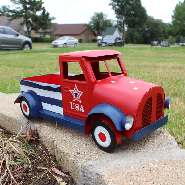 USA FLAG RED TRUCK 12" PICKUP TRUCK METAL ART FIGURINE VINTAGE GARDEN ART WESTERN HOME DECOR HANDMADE  #EH12865
