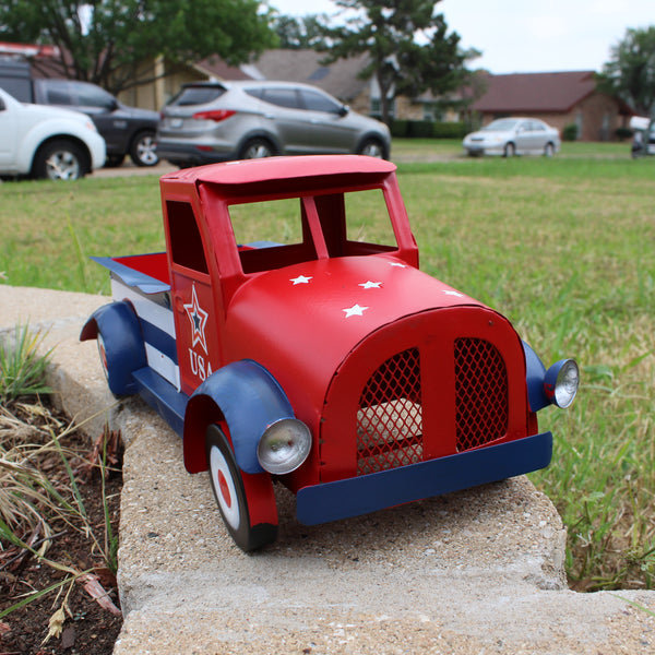 USA FLAG RED TRUCK 12" PICKUP TRUCK METAL ART FIGURINE VINTAGE GARDEN ART WESTERN HOME DECOR HANDMADE  #EH12865