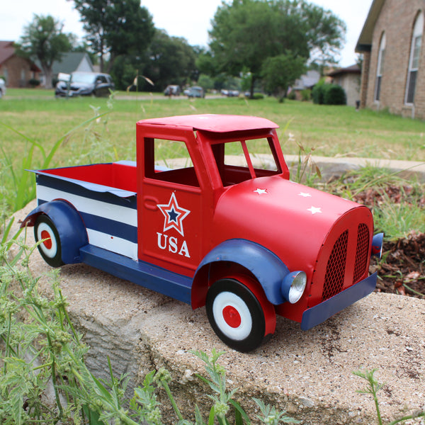 USA FLAG RED TRUCK 12" PICKUP TRUCK METAL ART FIGURINE VINTAGE GARDEN ART WESTERN HOME DECOR HANDMADE  #EH12865
