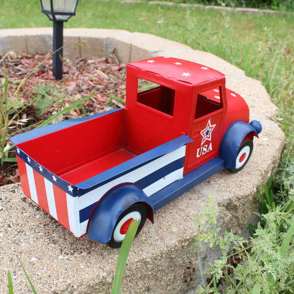 USA FLAG RED TRUCK 12" PICKUP TRUCK METAL ART FIGURINE VINTAGE GARDEN ART WESTERN HOME DECOR HANDMADE  #EH12865