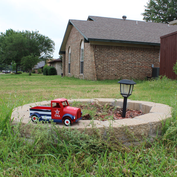 USA FLAG RED TRUCK 12" PICKUP TRUCK METAL ART FIGURINE VINTAGE GARDEN ART WESTERN HOME DECOR HANDMADE  #EH12865