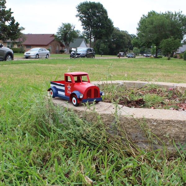 USA FLAG RED TRUCK 12" PICKUP TRUCK METAL ART FIGURINE VINTAGE GARDEN ART WESTERN HOME DECOR HANDMADE  #EH12865