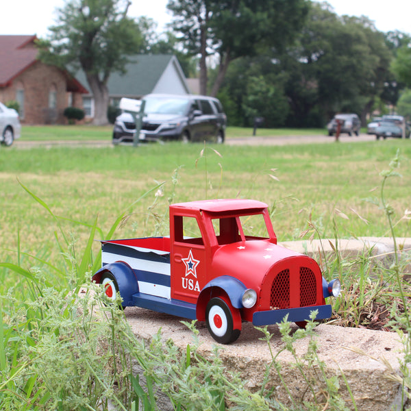 USA FLAG RED TRUCK 12" PICKUP TRUCK METAL ART FIGURINE VINTAGE GARDEN ART WESTERN HOME DECOR HANDMADE  #EH12865