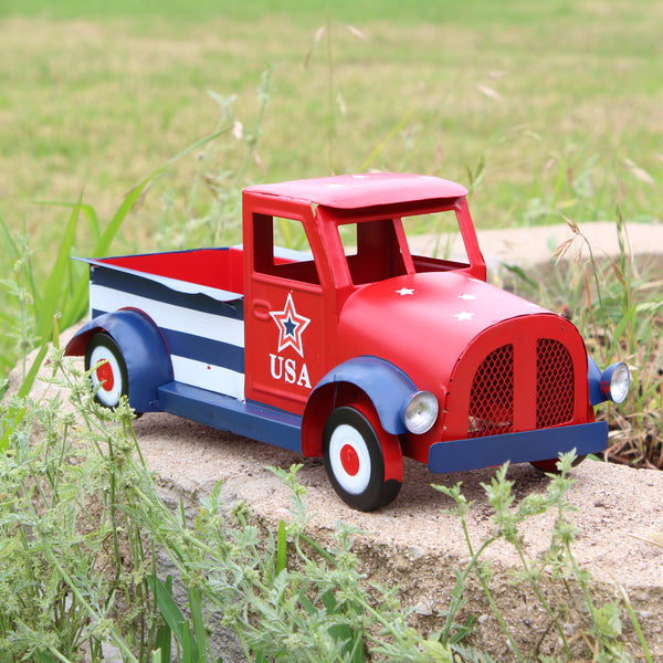 USA FLAG RED TRUCK 12" PICKUP TRUCK METAL ART FIGURINE VINTAGE GARDEN ART WESTERN HOME DECOR HANDMADE  #EH12865