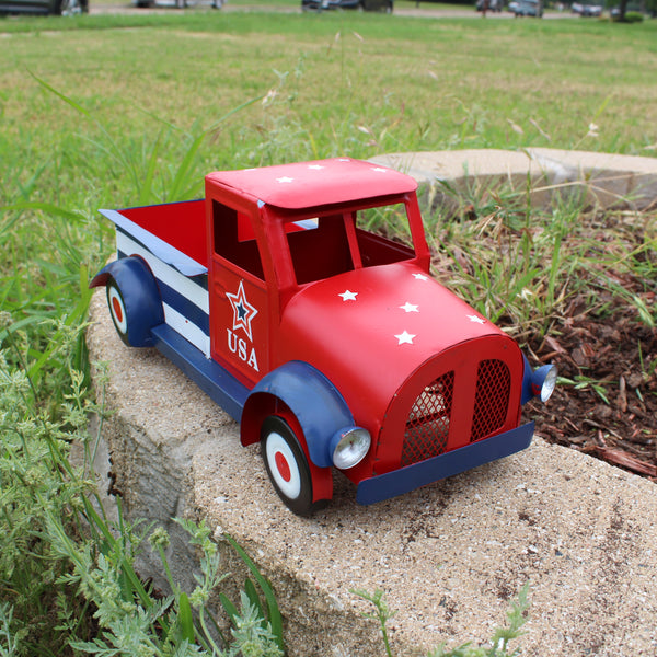 USA FLAG RED TRUCK 12" PICKUP TRUCK METAL ART FIGURINE VINTAGE GARDEN ART WESTERN HOME DECOR HANDMADE  #EH12865