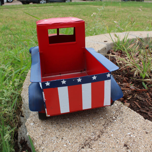 USA FLAG RED TRUCK 12" PICKUP TRUCK METAL ART FIGURINE VINTAGE GARDEN ART WESTERN HOME DECOR HANDMADE  #EH12865