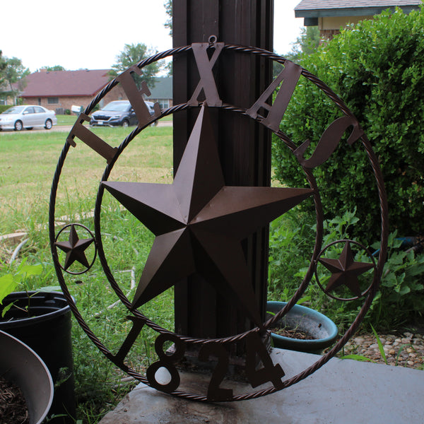 TEXAS 1824 STYLE YOUR CUSTOM NAME STAR METAL BARN STAR ROPE RING RUSTIC BRONZE WESTERN HOME DECOR NEW HANDMADE 24",32",36",40",50"