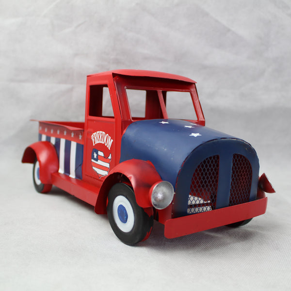 USA FREEDOM RED TRUCK 12" PICKUP TRUCK METAL ART FIGURINE VINTAGE WESTERN HOME DECOR HANDMADE  #EH12863