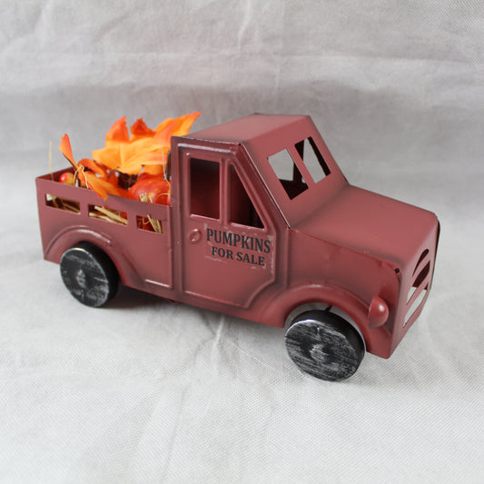 RED PUMPKIN TRUCK 10" PICKUP TRUCK METAL ART FIGURINE VINTAGE GARDEN ART WESTERN HOME DECOR HANDMADE  #EH12862
