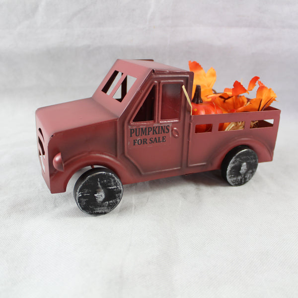 RED PUMPKIN TRUCK 10" PICKUP TRUCK METAL ART FIGURINE VINTAGE GARDEN ART WESTERN HOME DECOR HANDMADE  #EH12862