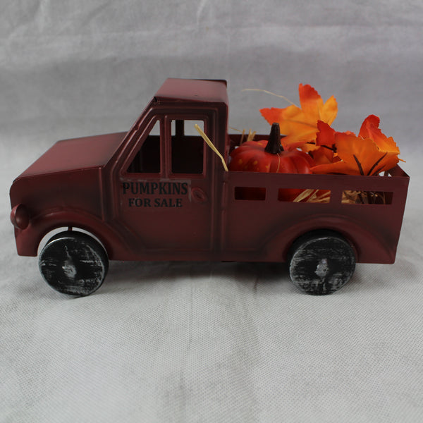 RED PUMPKIN TRUCK 10" PICKUP TRUCK METAL ART FIGURINE VINTAGE GARDEN ART WESTERN HOME DECOR HANDMADE  #EH12862