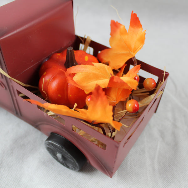 RED PUMPKIN TRUCK 10" PICKUP TRUCK METAL ART FIGURINE VINTAGE GARDEN ART WESTERN HOME DECOR HANDMADE  #EH12862