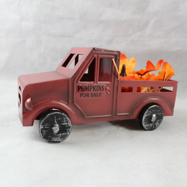 RED PUMPKIN TRUCK 10" PICKUP TRUCK METAL ART FIGURINE VINTAGE GARDEN ART WESTERN HOME DECOR HANDMADE  #EH12862