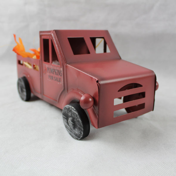 RED PUMPKIN TRUCK 10" PICKUP TRUCK METAL ART FIGURINE VINTAGE GARDEN ART WESTERN HOME DECOR HANDMADE  #EH12862