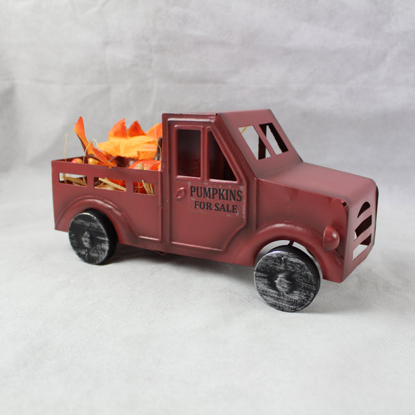 RED PUMPKIN TRUCK 10" PICKUP TRUCK METAL ART FIGURINE VINTAGE GARDEN ART WESTERN HOME DECOR HANDMADE  #EH12862