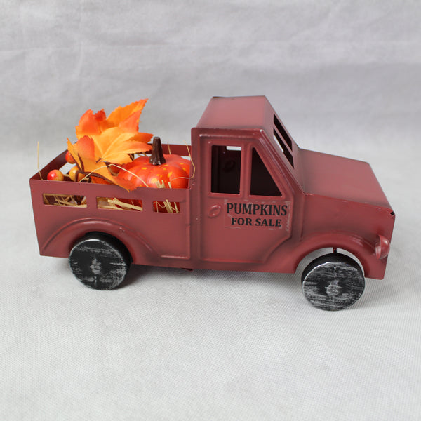 RED PUMPKIN TRUCK 10" PICKUP TRUCK METAL ART FIGURINE VINTAGE GARDEN ART WESTERN HOME DECOR HANDMADE  #EH12862