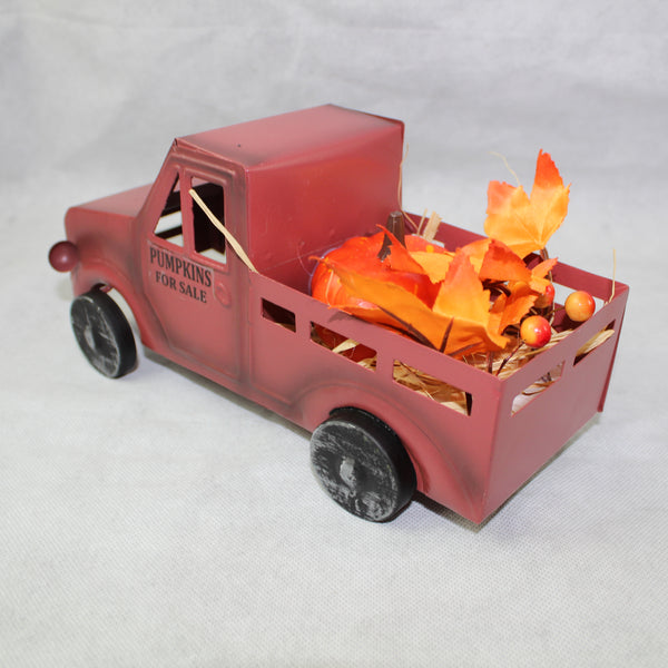 RED PUMPKIN TRUCK 10" PICKUP TRUCK METAL ART FIGURINE VINTAGE GARDEN ART WESTERN HOME DECOR HANDMADE  #EH12862