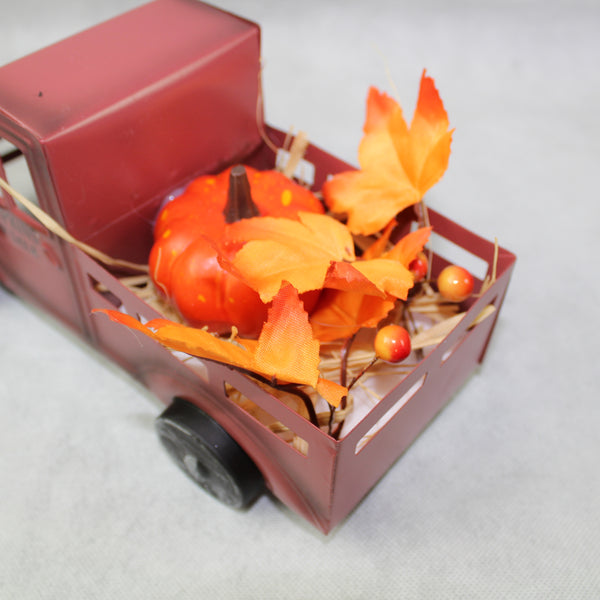 RED PUMPKIN TRUCK 10" PICKUP TRUCK METAL ART FIGURINE VINTAGE GARDEN ART WESTERN HOME DECOR HANDMADE  #EH12862