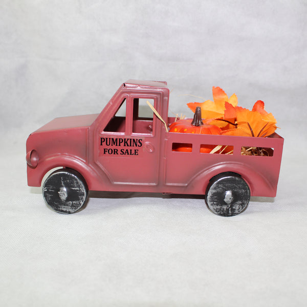 RED PUMPKIN TRUCK 10" PICKUP TRUCK METAL ART FIGURINE VINTAGE GARDEN ART WESTERN HOME DECOR HANDMADE  #EH12862