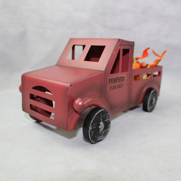 RED PUMPKIN TRUCK 10" PICKUP TRUCK METAL ART FIGURINE VINTAGE GARDEN ART WESTERN HOME DECOR HANDMADE  #EH12862