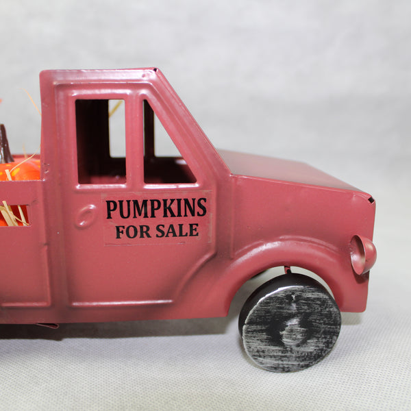 RED PUMPKIN TRUCK 10" PICKUP TRUCK METAL ART FIGURINE VINTAGE GARDEN ART WESTERN HOME DECOR HANDMADE  #EH12862