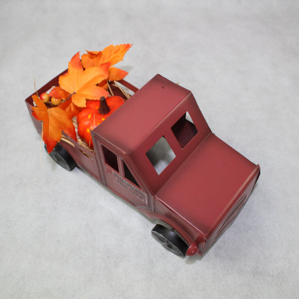 RED PUMPKIN TRUCK 10" PICKUP TRUCK METAL ART FIGURINE VINTAGE GARDEN ART WESTERN HOME DECOR HANDMADE  #EH12862