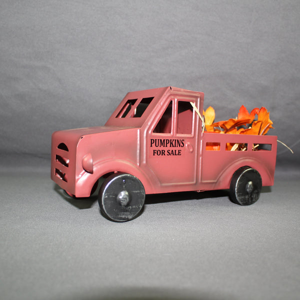 RED PUMPKIN TRUCK 10" PICKUP TRUCK METAL ART FIGURINE VINTAGE GARDEN ART WESTERN HOME DECOR HANDMADE  #EH12862