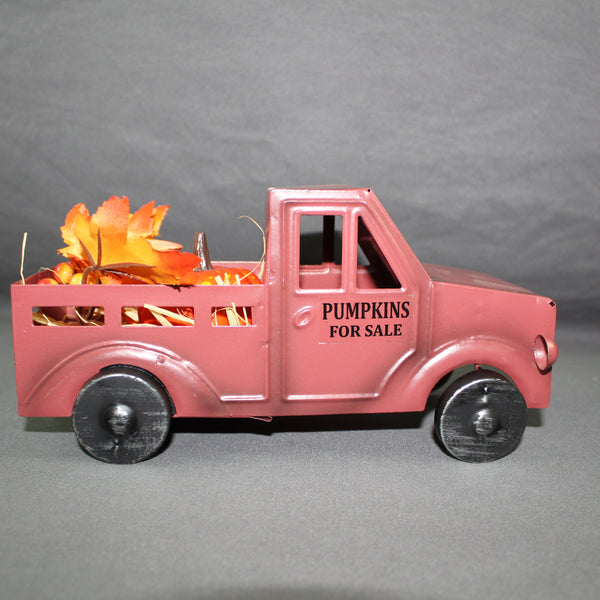 RED PUMPKIN TRUCK 10" PICKUP TRUCK METAL ART FIGURINE VINTAGE GARDEN ART WESTERN HOME DECOR HANDMADE  #EH12862