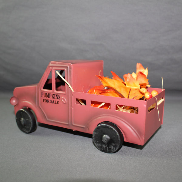 RED PUMPKIN TRUCK 10" PICKUP TRUCK METAL ART FIGURINE VINTAGE GARDEN ART WESTERN HOME DECOR HANDMADE  #EH12862