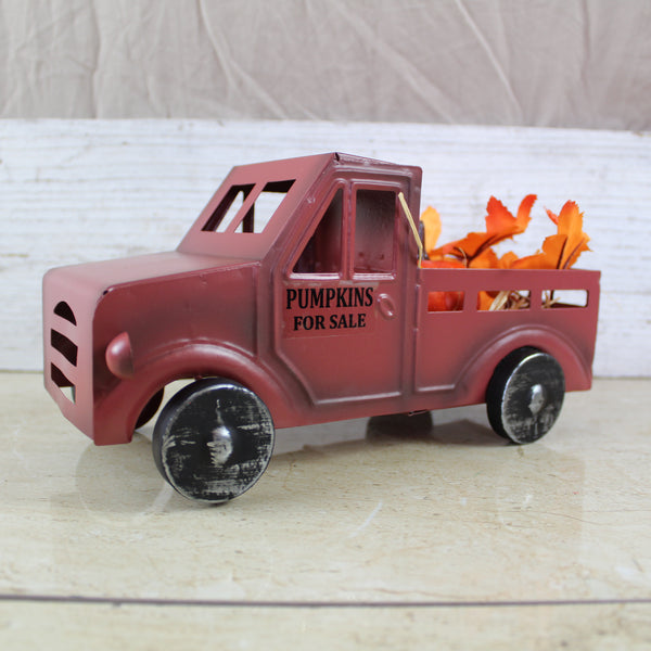 RED PUMPKIN TRUCK 10" PICKUP TRUCK METAL ART FIGURINE VINTAGE GARDEN ART WESTERN HOME DECOR HANDMADE  #EH12862