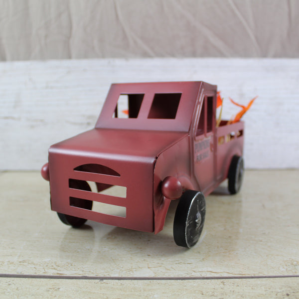 RED PUMPKIN TRUCK 10" PICKUP TRUCK METAL ART FIGURINE VINTAGE GARDEN ART WESTERN HOME DECOR HANDMADE  #EH12862