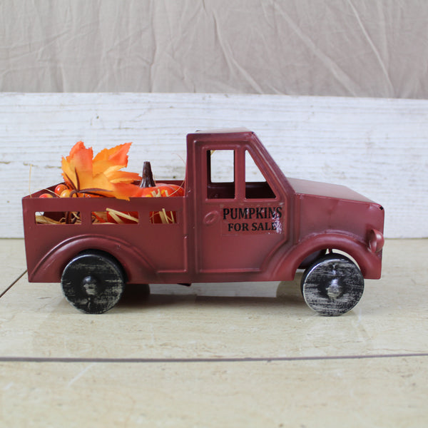RED PUMPKIN TRUCK 10" PICKUP TRUCK METAL ART FIGURINE VINTAGE GARDEN ART WESTERN HOME DECOR HANDMADE  #EH12862
