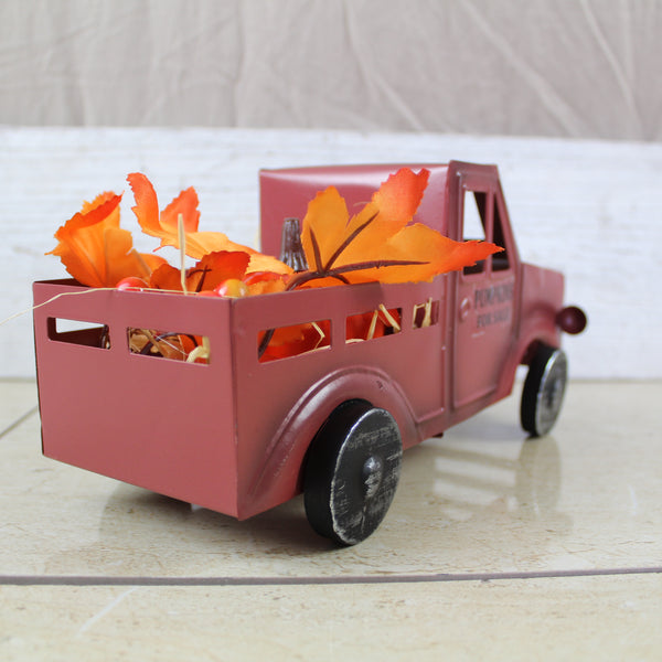 RED PUMPKIN TRUCK 10" PICKUP TRUCK METAL ART FIGURINE VINTAGE GARDEN ART WESTERN HOME DECOR HANDMADE  #EH12862
