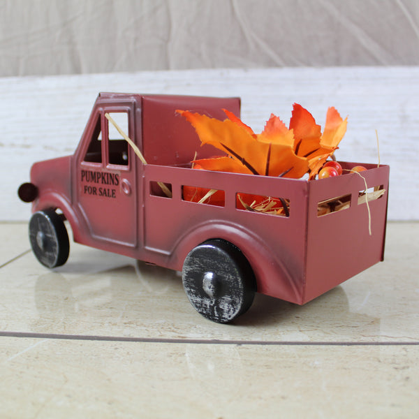 RED PUMPKIN TRUCK 10" PICKUP TRUCK METAL ART FIGURINE VINTAGE GARDEN ART WESTERN HOME DECOR HANDMADE  #EH12862