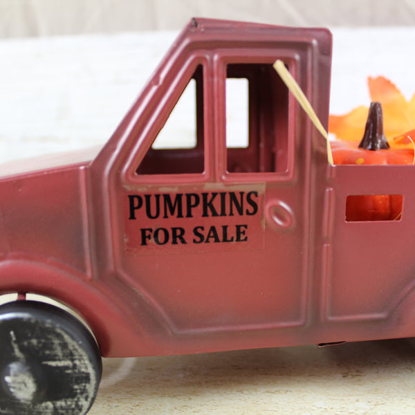 RED PUMPKIN TRUCK 10" PICKUP TRUCK METAL ART FIGURINE VINTAGE GARDEN ART WESTERN HOME DECOR HANDMADE  #EH12862