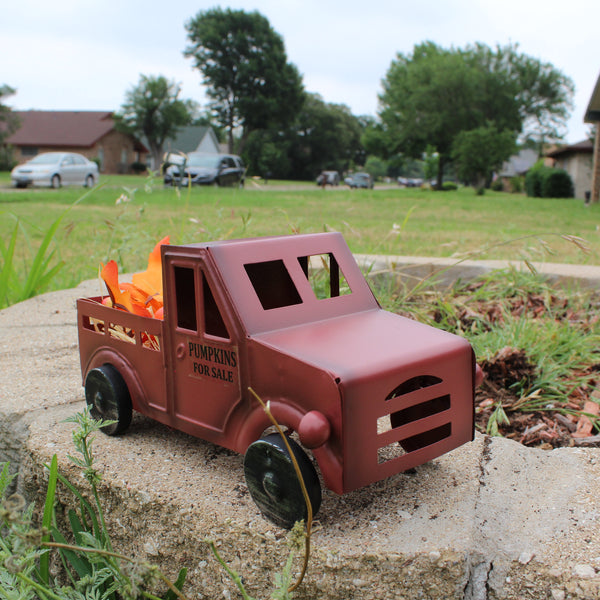 RED PUMPKIN TRUCK 10" PICKUP TRUCK METAL ART FIGURINE VINTAGE GARDEN ART WESTERN HOME DECOR HANDMADE  #EH12862